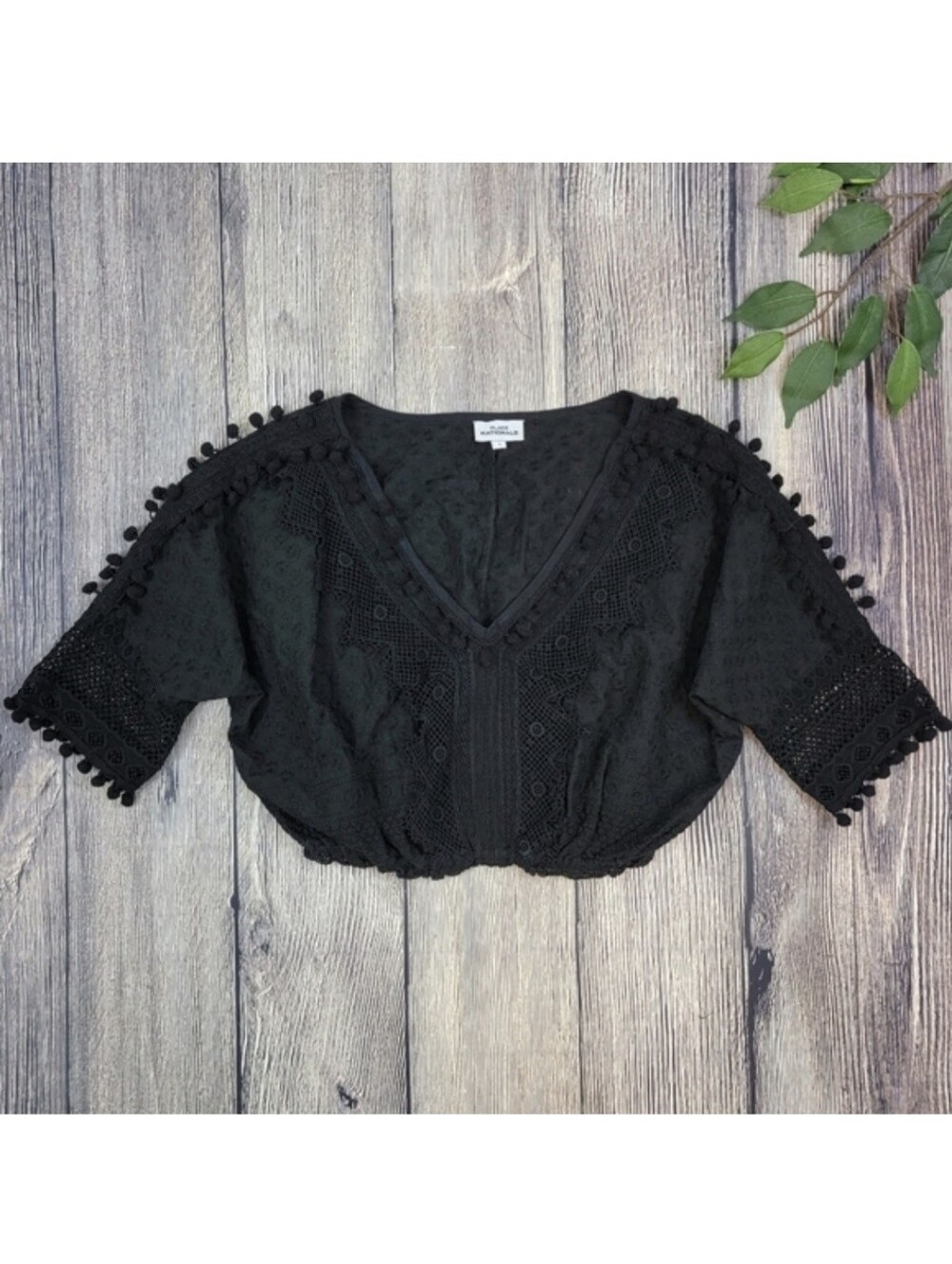 Place Nationale Vintage Inspired Crochet Pom Black Cotton Crop Top